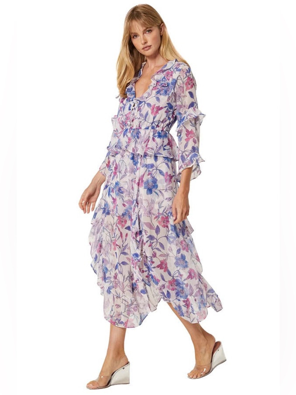 MISA Los Angeles Karina Floral Ruffle-Trim Chiffon Midi Dress Amethyst/ M